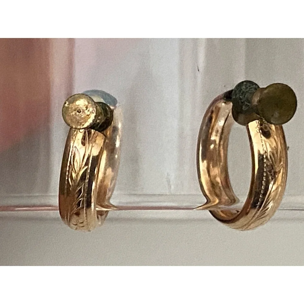 Vintage Etched Yellow Gold Tone Filled? Hoop Screw Back Earrings Huggie 1930-40s